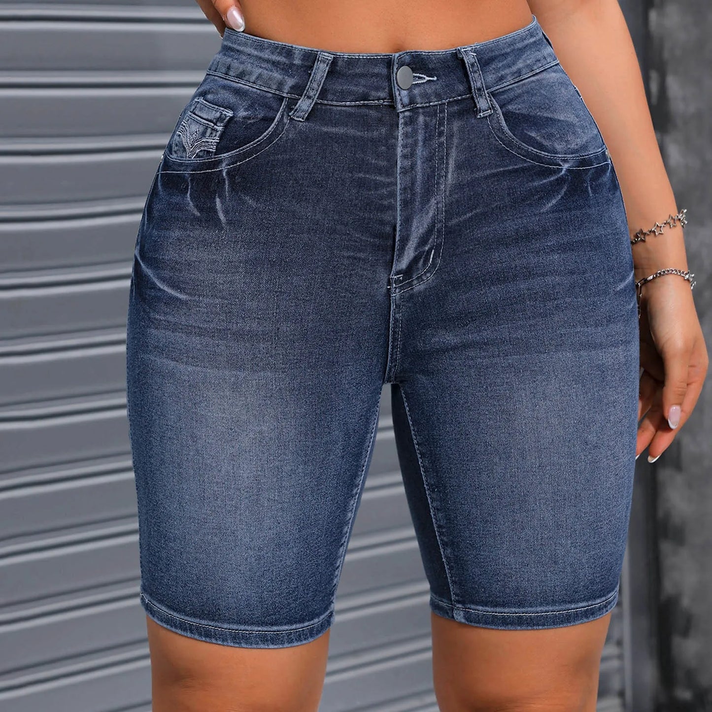 Blue Slim Fit Bermuda Denim Shorts, Single-Breasted Button Whiskered Denim Shorts, Women'S Denim Jeans & Clothing