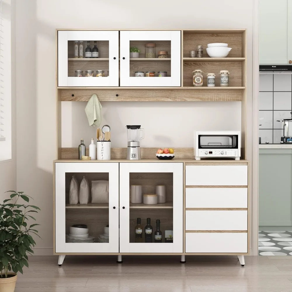 Elegant Kitchen Hutch Cabinet with Glass Doors and Drawers