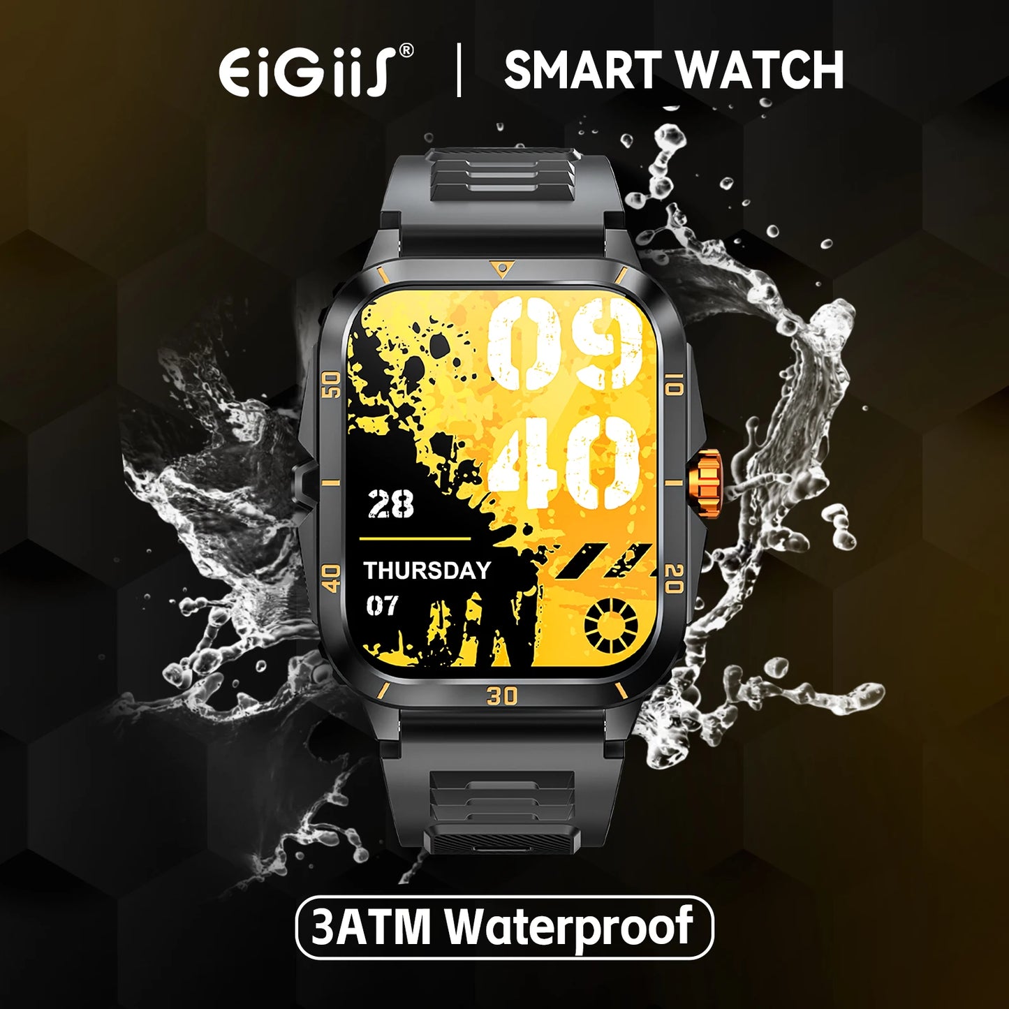 EIGIIS Smart Watch 3ATM Waterproof 1.96 Inch IPS Screen Military KT71 for Men with 100 Plus Sport Modes Heart Rate Blood Pressure Bluetooth Call