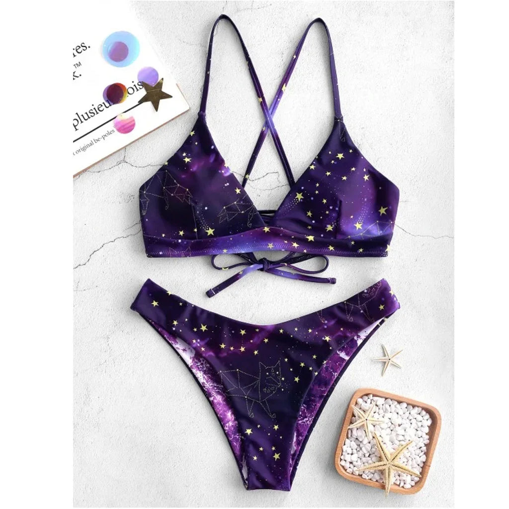 Starry Sky Print Reversible Bikini Set for Women
