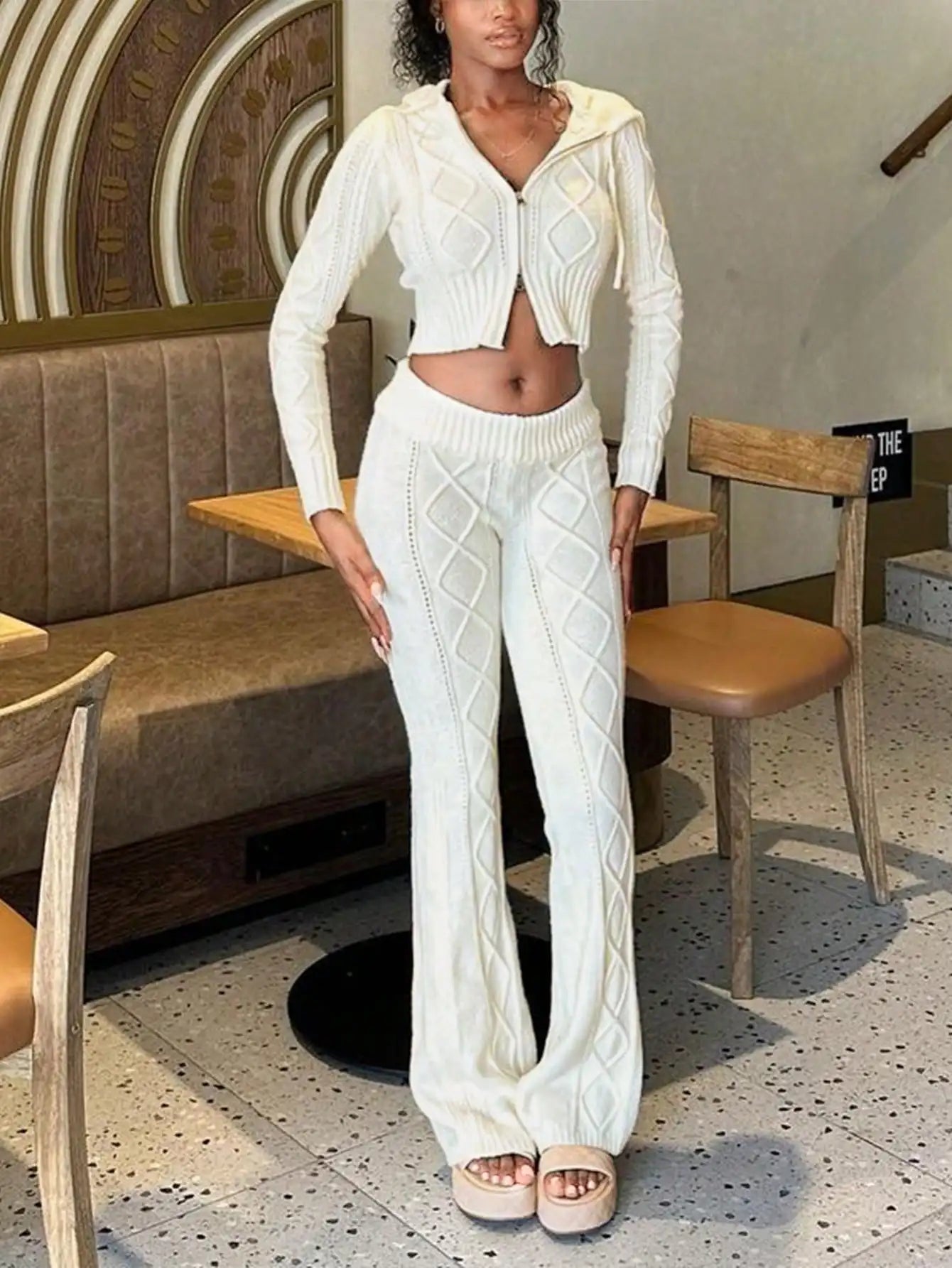Women's Knit Hooded Zipper Cardigan Set - Sexy High-Waisted Trousers Two-Piece Fashion Outfit