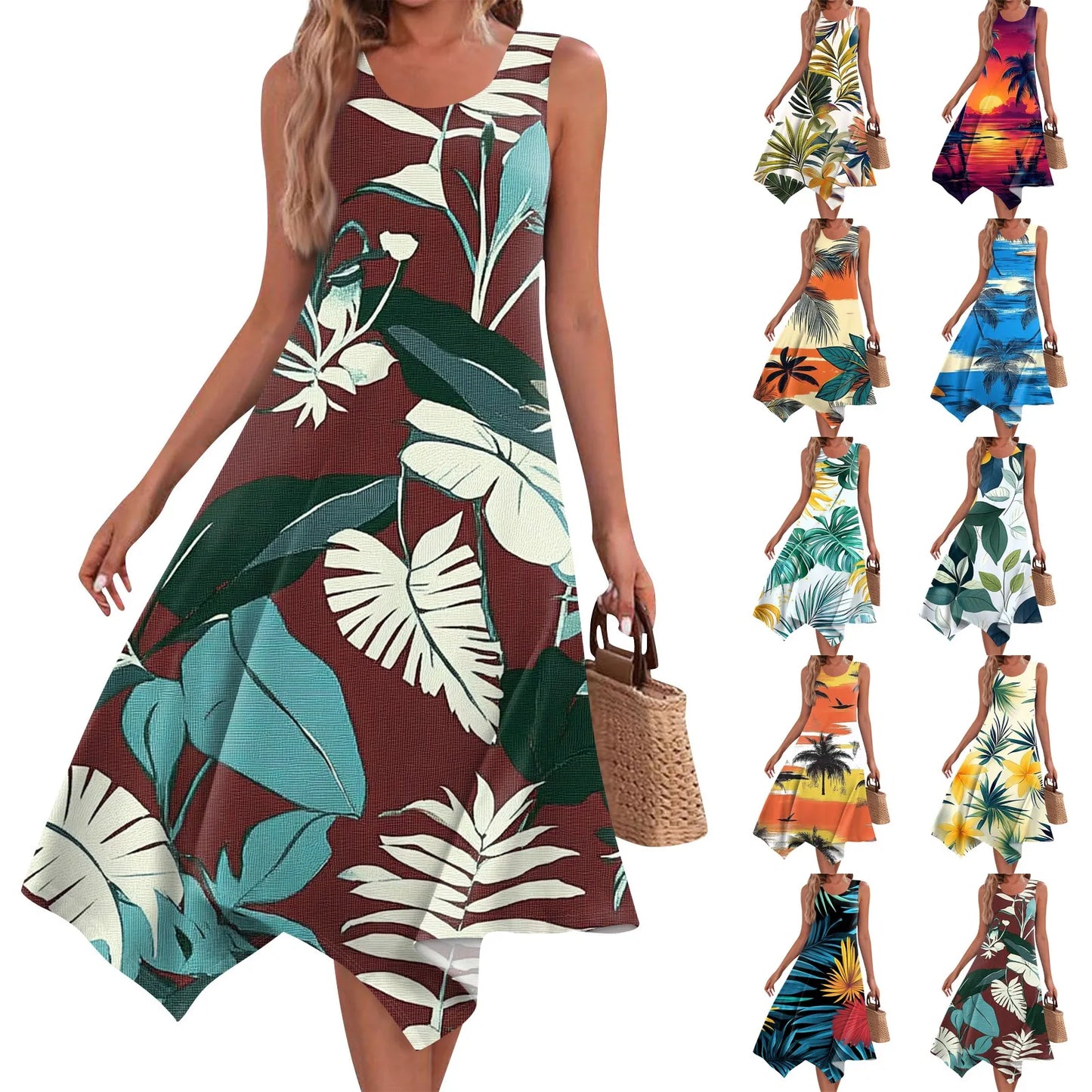 Floral Elegant Women's Casual Fashion Round Neck Sleeveless Print Irregular Hem Midi Dress Female Beach Vestidos Longos