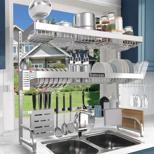 Over The Sink Stainless Steel Dish Drying Rack With Storage