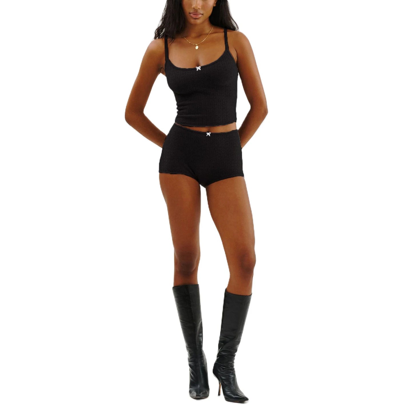 Women’s Bow Sleeveless Camisole and Elastic Shorts Pajama Set