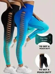 2 Pack US Local Women’s Gradient Hollow Out Yoga Pants High Waisted Tummy Control Buttocks Lift Athletic Leggings