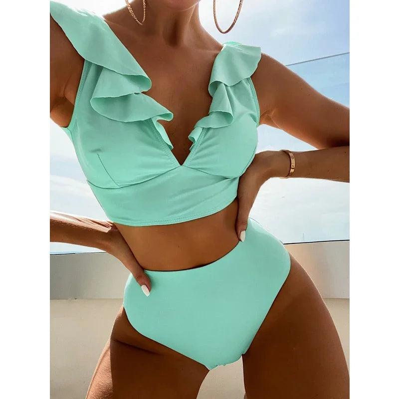 Solid Color Sexy V-neck Ruffle Bikini 2024 Women 2 Piece Swimwear Push Up Padded High Waist Swimsuit Summer Beach Bathing Suit