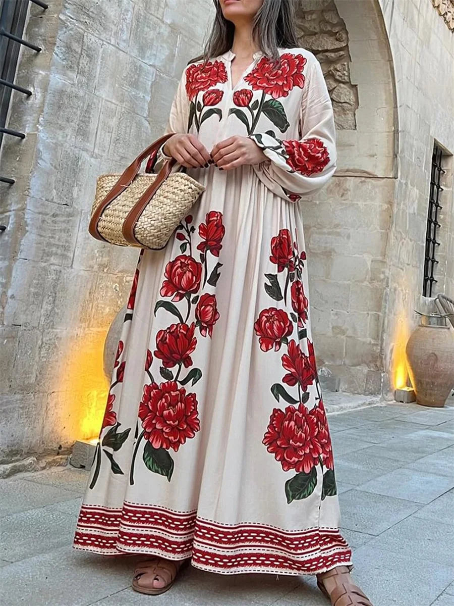 Elegant Floral Print V-Neck Maxi Dress for Casual Fall Style