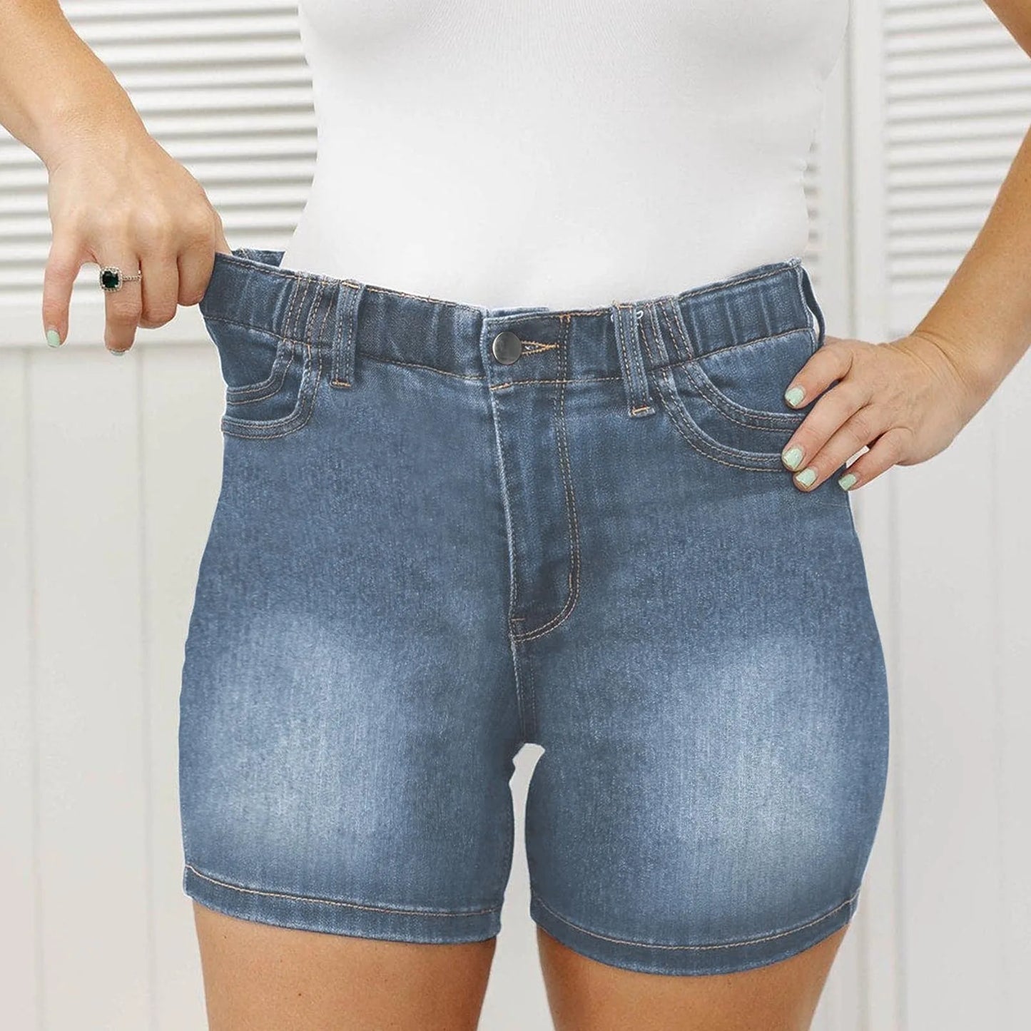 High Waist Casual Denim Shorts with Double Pockets for Women