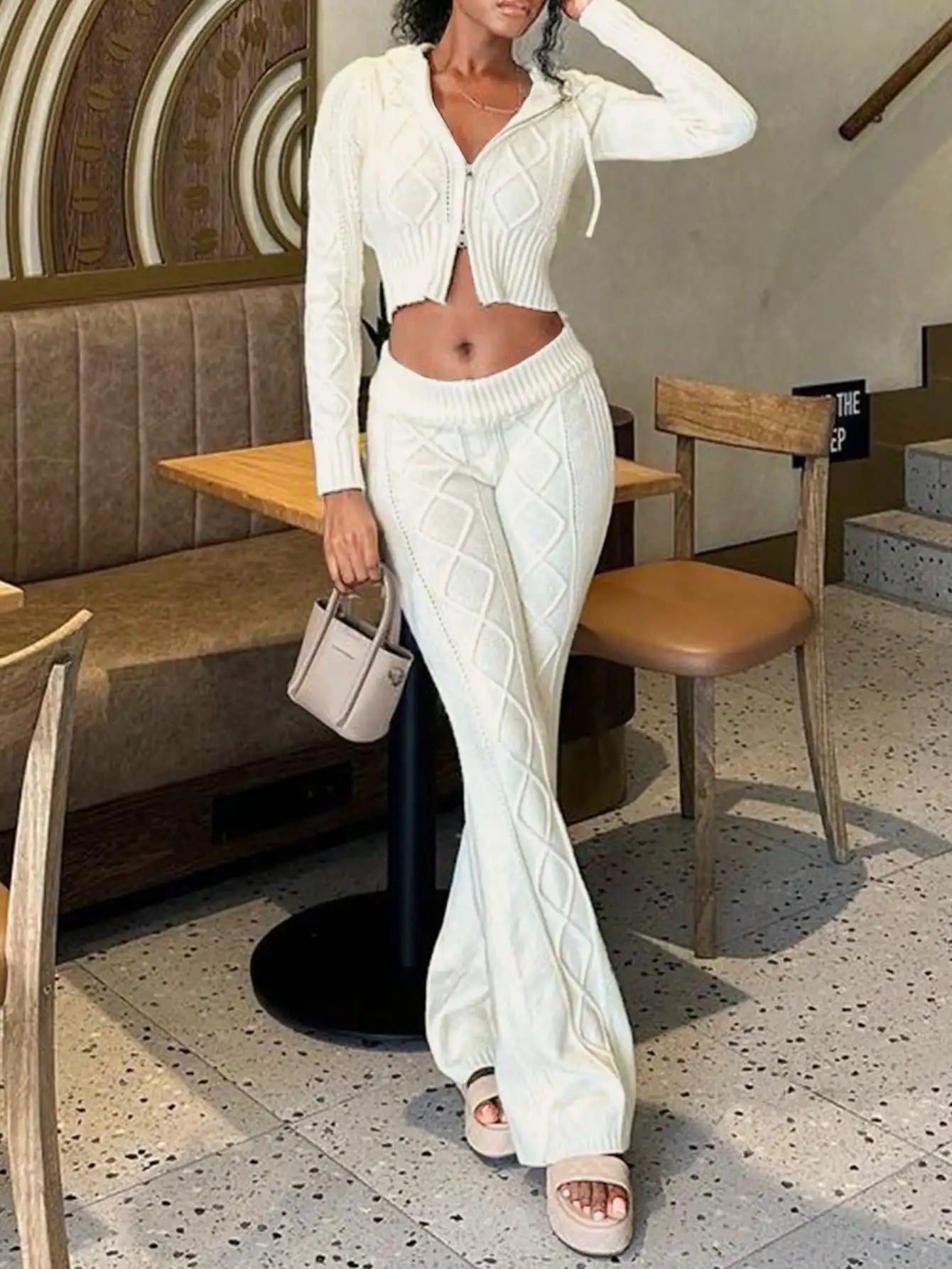 Women's Knit Hooded Zipper Cardigan Set - Sexy High-Waisted Trousers Two-Piece Fashion Outfit
