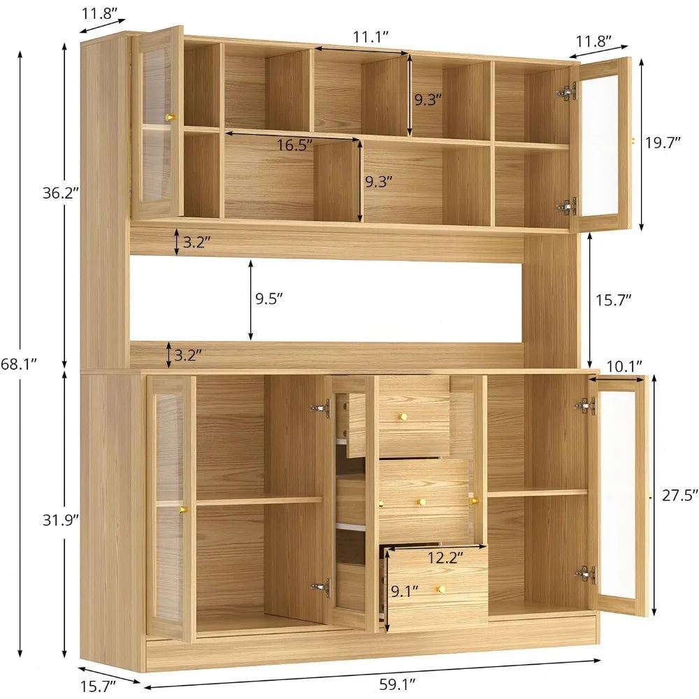 Elegant Kitchen Hutch Cabinet With Glass Doors and Drawers