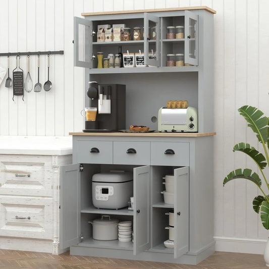Freestanding Tall Kitchen Cupboard with Microwave Shelf and Drawers