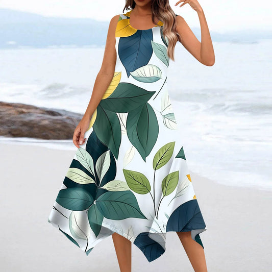 Floral Elegant Women's Casual Fashion Round Neck Sleeveless Print Irregular Hem Midi Dress Female Beach Vestidos Longos