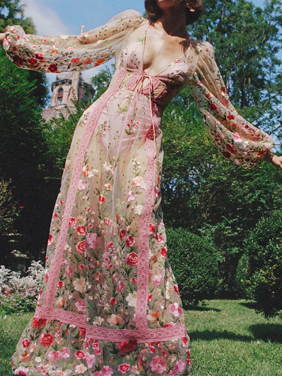 Women's Summer Floral Beach Dress with Long Sleeves and V Neck
