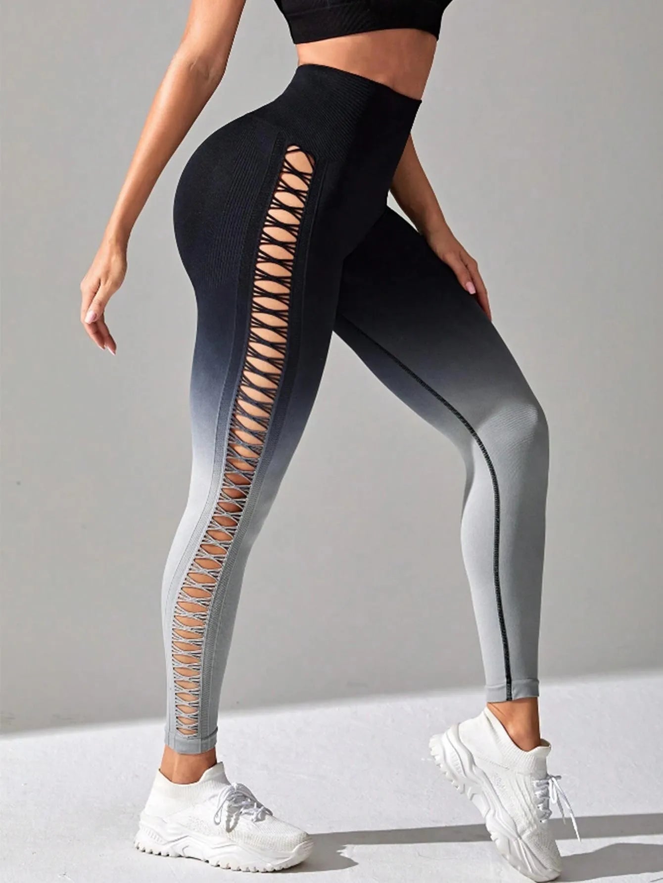 2 Pack US Local Women’s Gradient Hollow Out Yoga Pants High Waisted Tummy Control Buttocks Lift Athletic Leggings