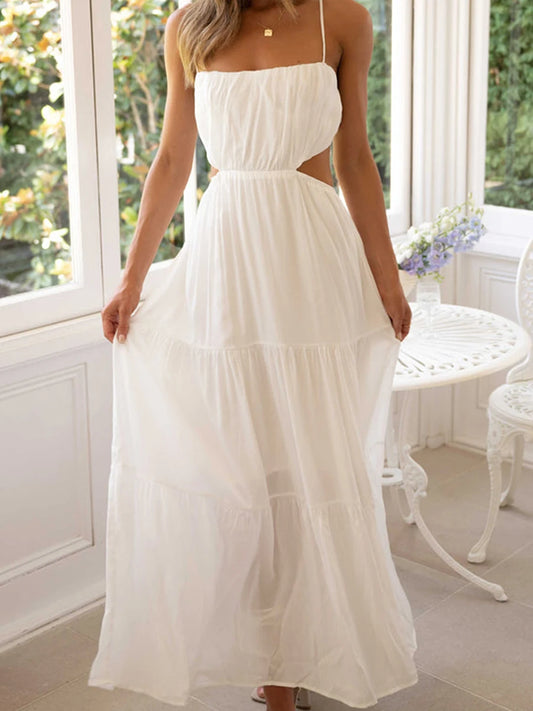 Elegant Sleeveless Maxi Dress with V-Neckline and Ruched Waist Detail for Women s Summer Fashion