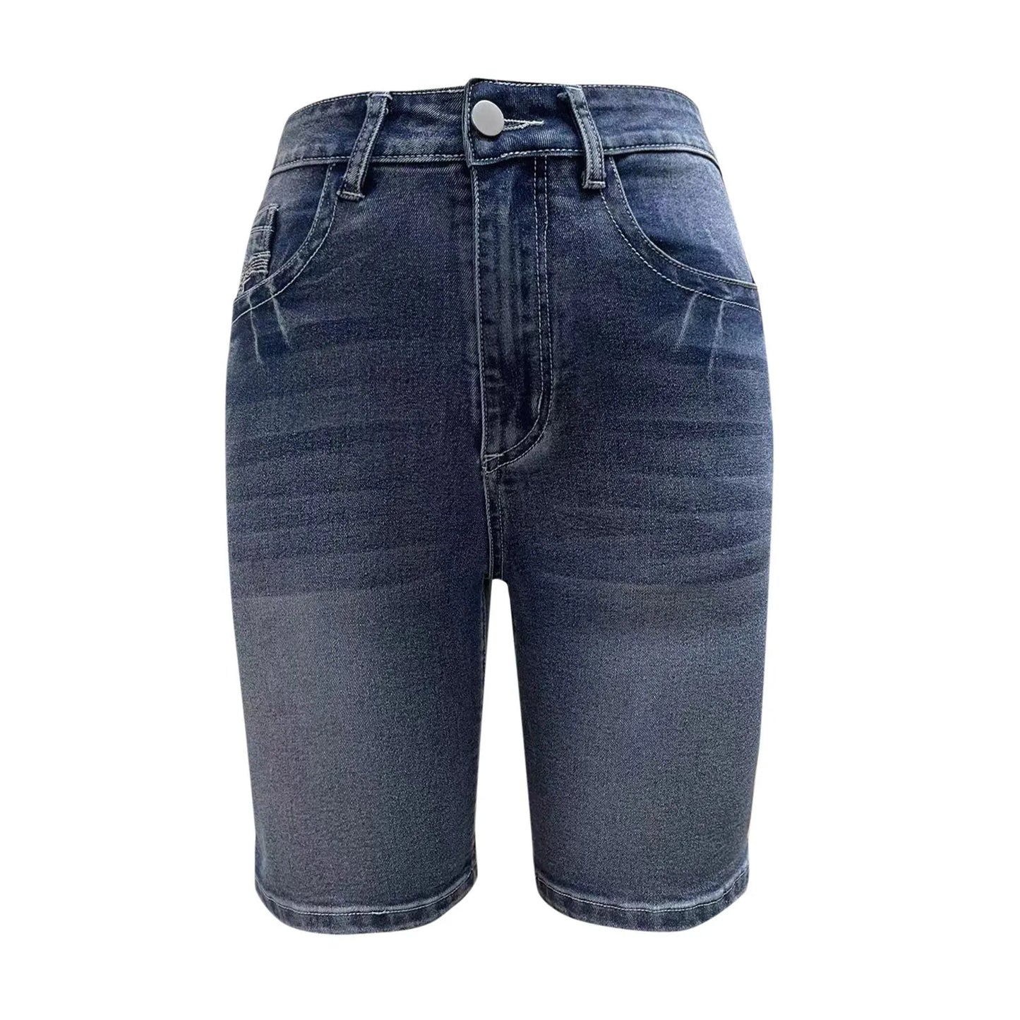 Blue Slim Fit Bermuda Denim Shorts, Single-Breasted Button Whiskered Denim Shorts, Women'S Denim Jeans & Clothing