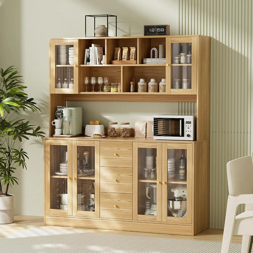 Elegant Kitchen Hutch Cabinet With Glass Doors and Drawers