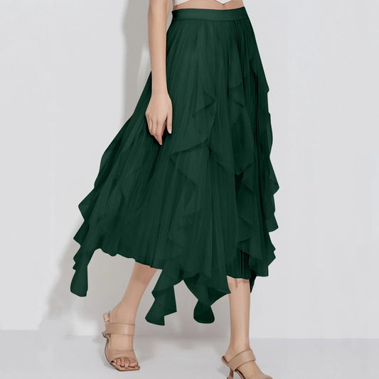 Ladies High Waist Ruffle Tulle Midi Skirt for Summer