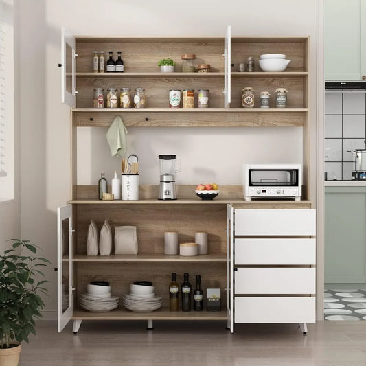 Elegant Kitchen Hutch Cabinet with Glass Doors and Drawers