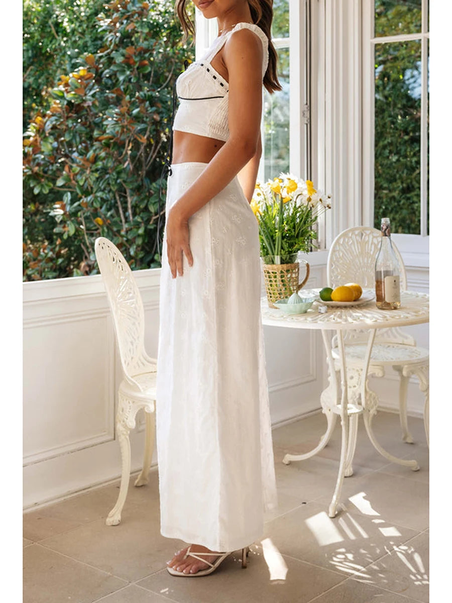 Women’s Summer  Set Embroidered Flower Sleeveless Cami Tops High Waist Black Bows Zipper Long Skirt 2 Pieces Set