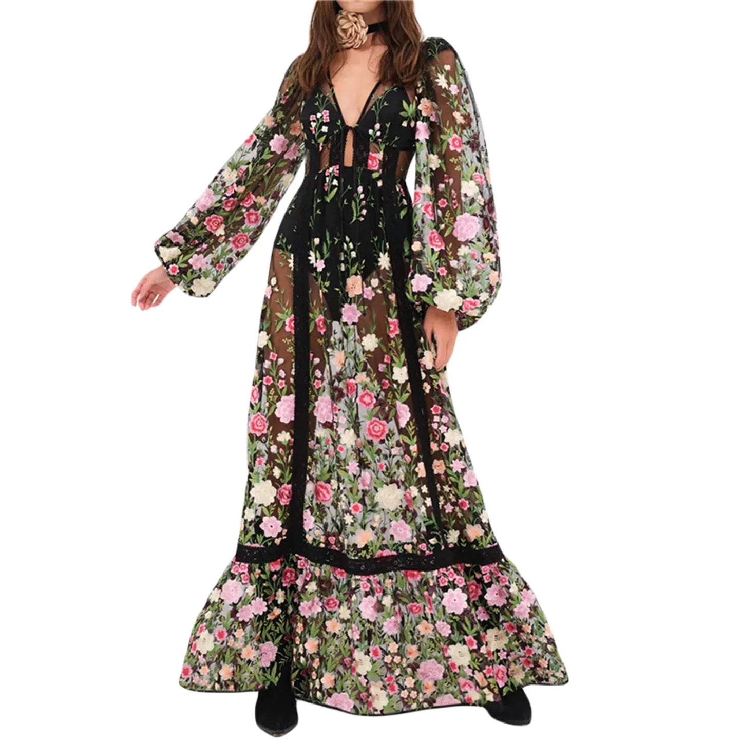 Women's Summer Floral Beach Dress with Long Sleeves and V Neck