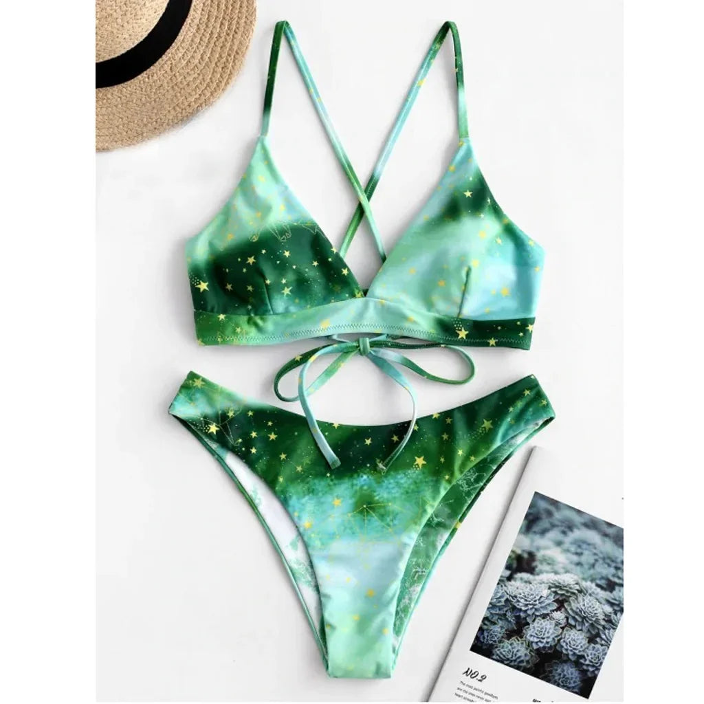 Starry Sky Print Reversible Bikini Set for Women