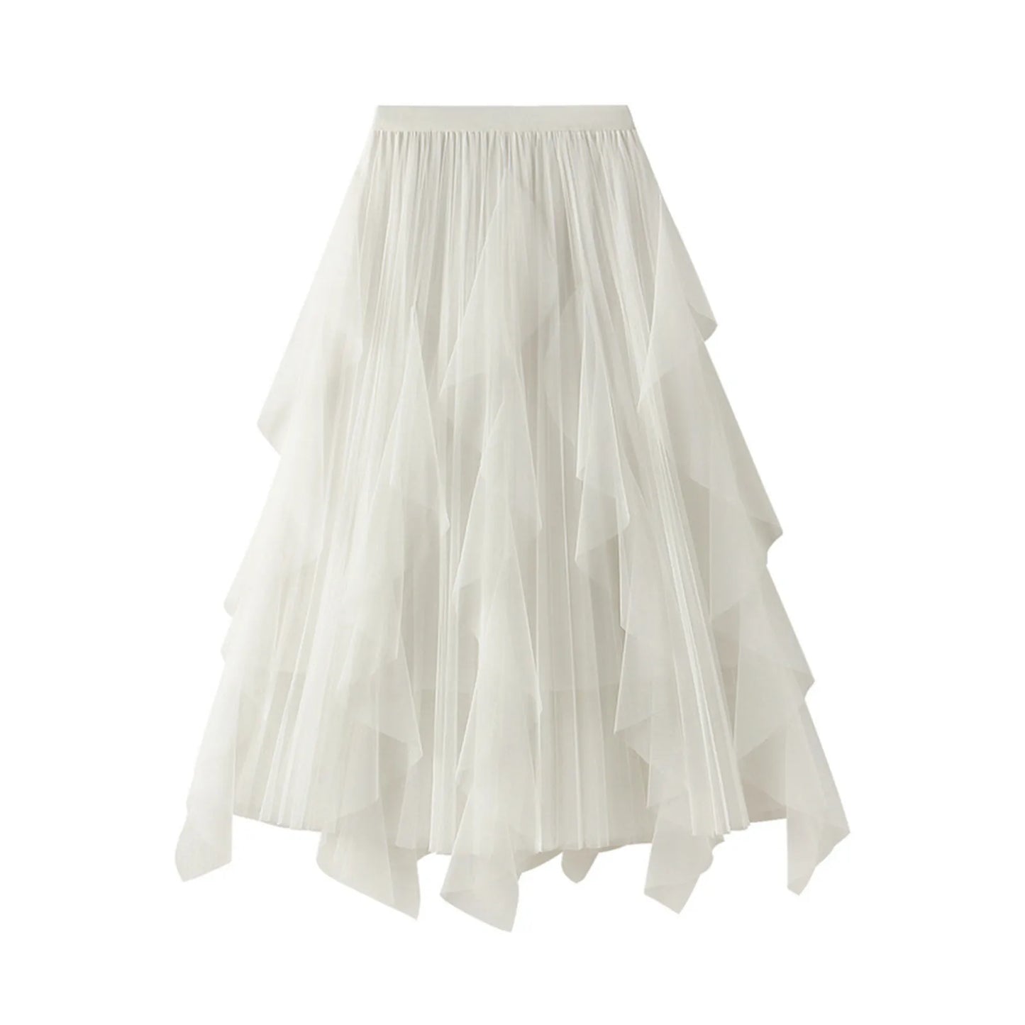 Ladies High Waist Ruffle Tulle Midi Skirt for Summer