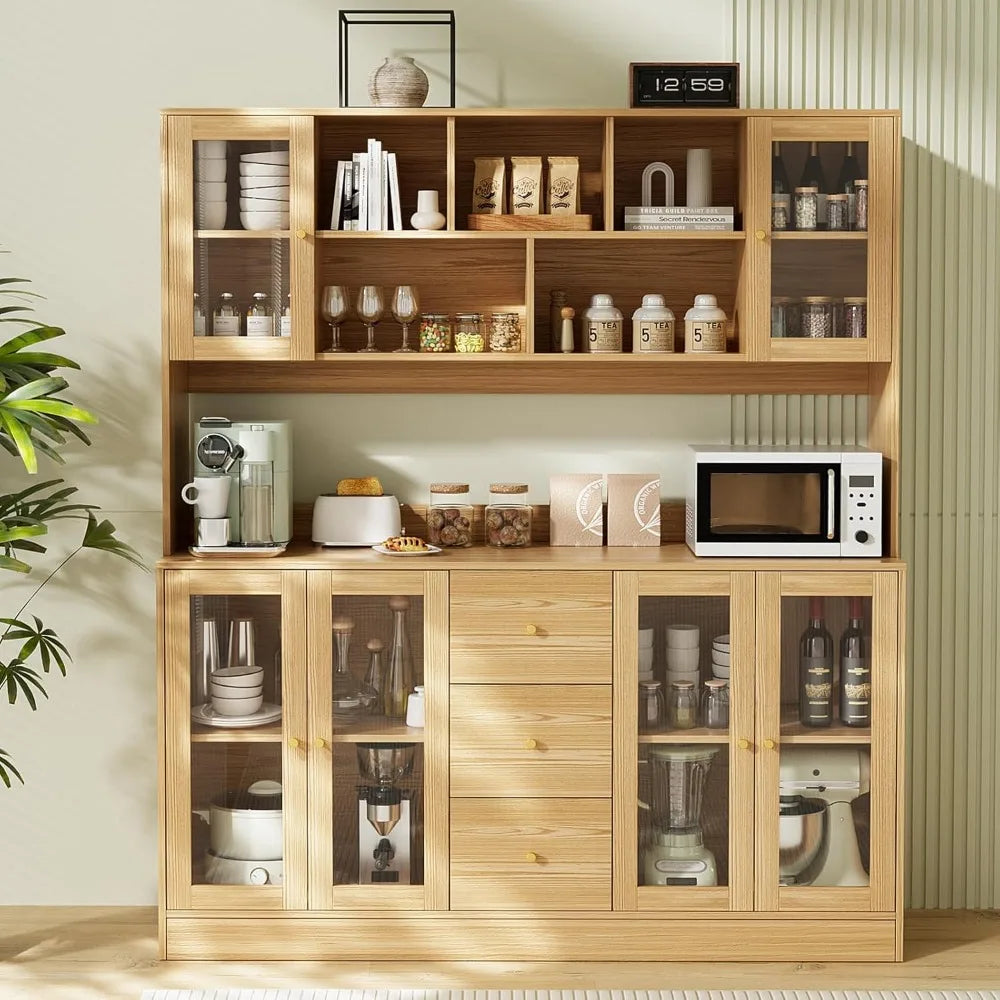 Elegant Kitchen Hutch Cabinet With Glass Doors and Drawers