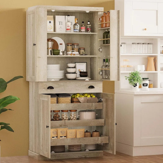 Freestanding Kitchen Pantry Cabinet with Drawer and Sliding Rack