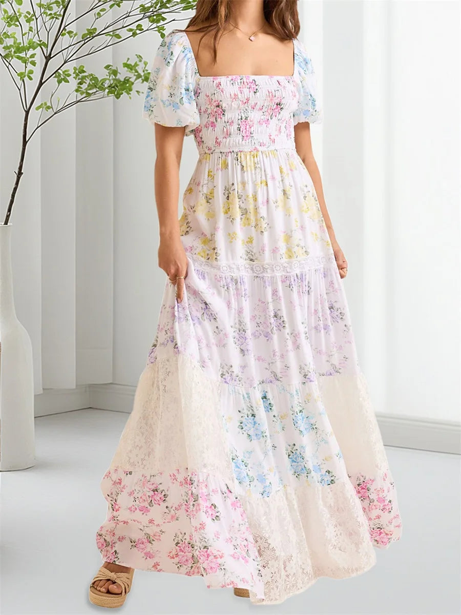 Elegant Floral Print Short Sleeve A-Line Dress with Ruffled Hem for Women Perfect for Cocktail Parties and Streetwear Fashion