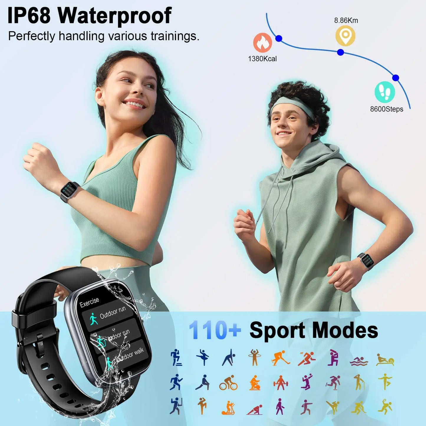 Smart Watch 1.91 Inch Smartwatch Answer Make Call IP68 Waterproof Fitness Tracker 110+ Sport Modes Heart Rate Sleep Monitor