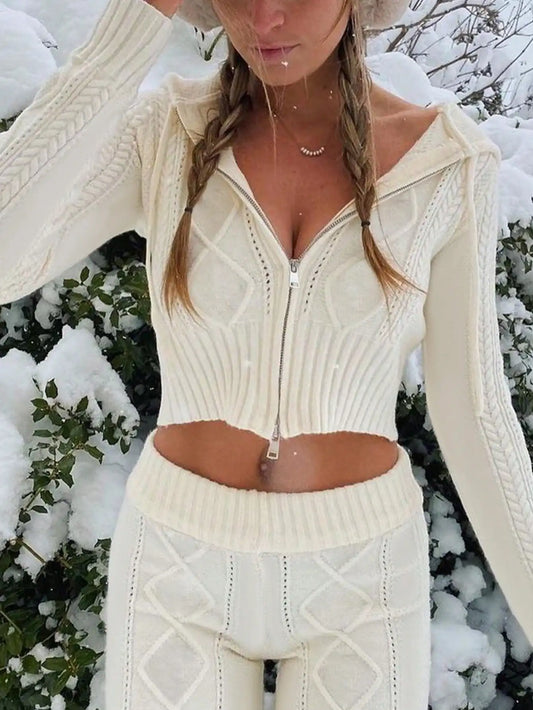 Women's Knit Hooded Zipper Cardigan Set - Sexy High-Waisted Trousers Two-Piece Fashion Outfit