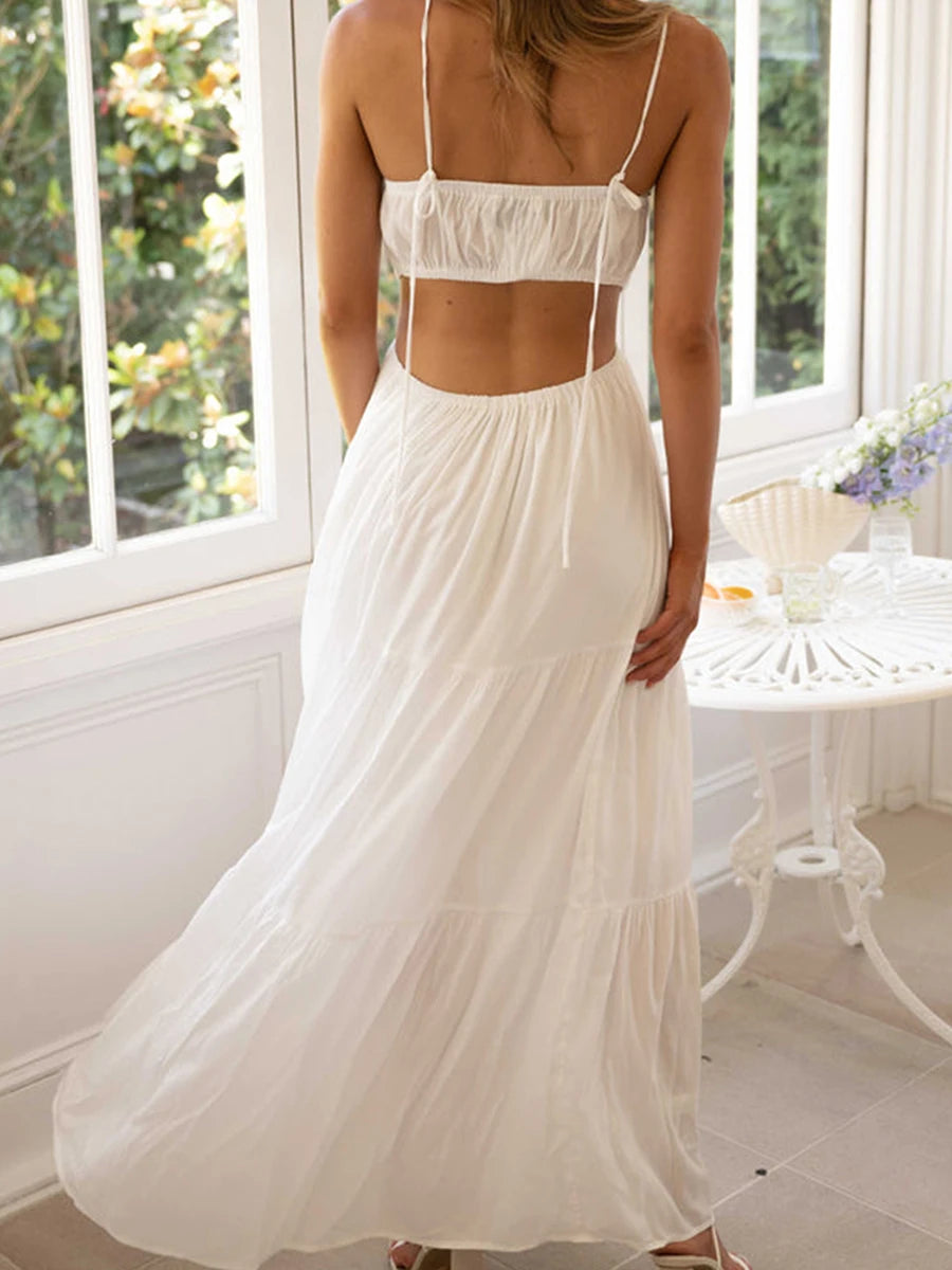Elegant Sleeveless Maxi Dress with V-Neckline and Ruched Waist Detail for Women s Summer Fashion