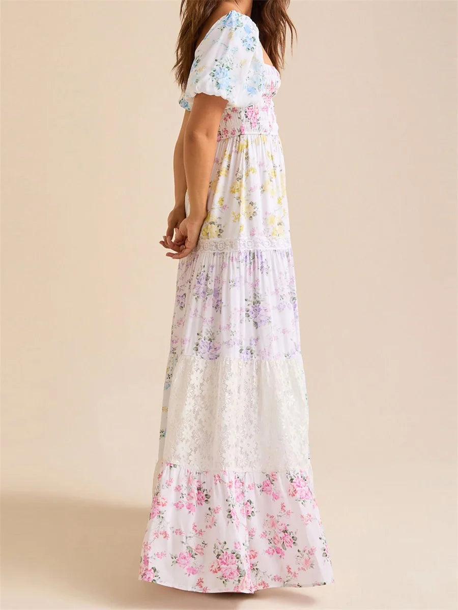 Elegant Floral Print Short Sleeve A-Line Dress with Ruffled Hem for Women Perfect for Cocktail Parties and Streetwear Fashion