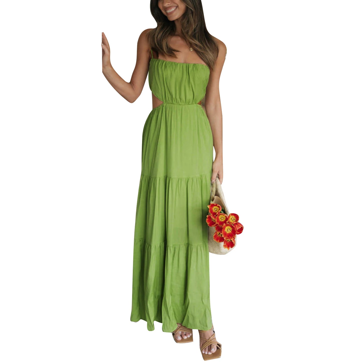Elegant Sleeveless Maxi Dress with V-Neckline and Ruched Waist Detail for Women s Summer Fashion