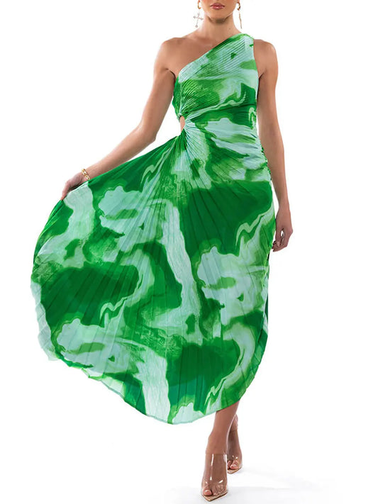 Women Long Dress Sleeveless One-shoulder Pleated Hollowed Tie-dye Print Summer Swing Dress Vacation Dress