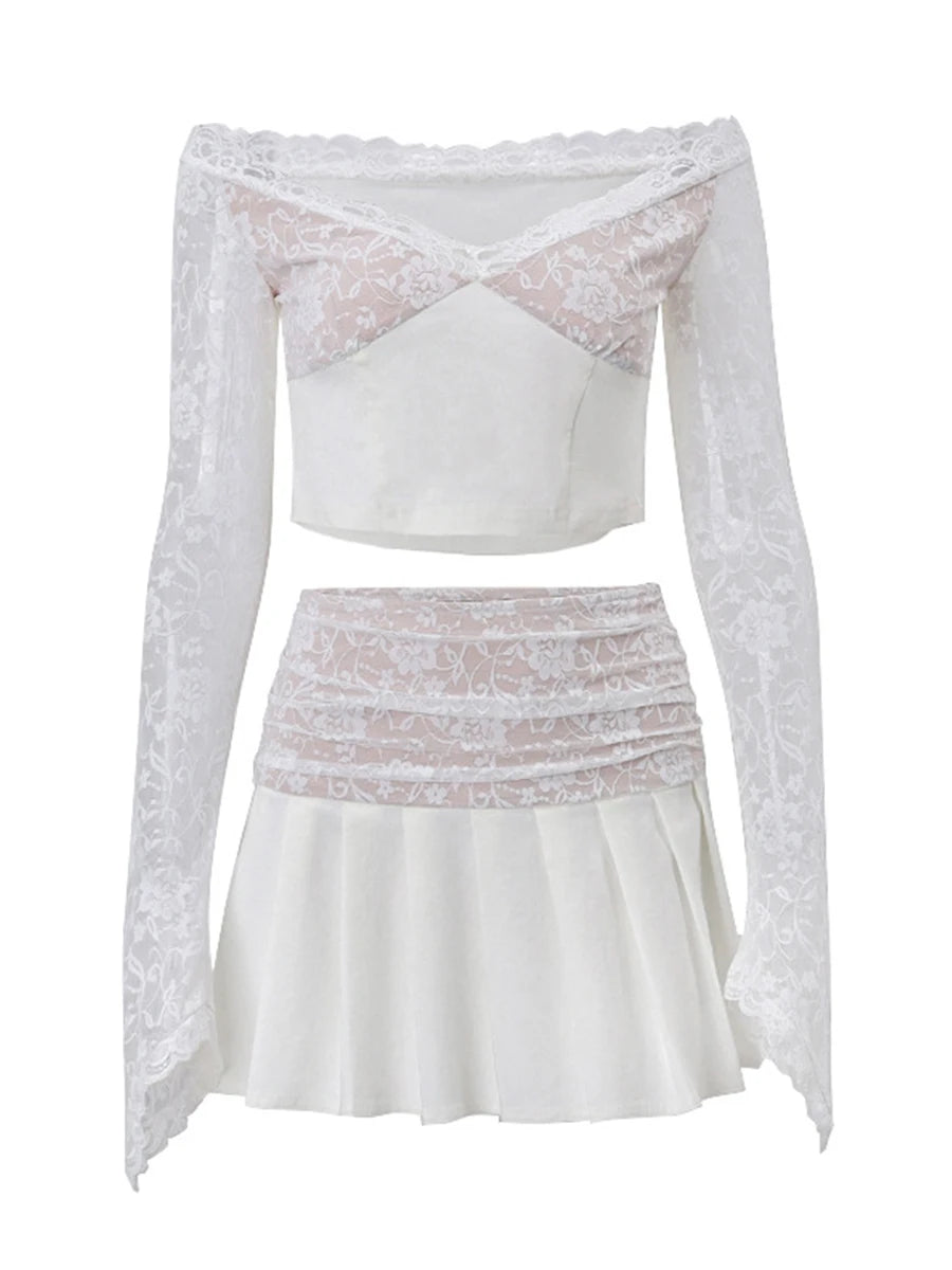 Women s 2 Piece Skirt Outfits Long Sleeve Off Shoulder Tops Mini Lace Floral Skirt Set