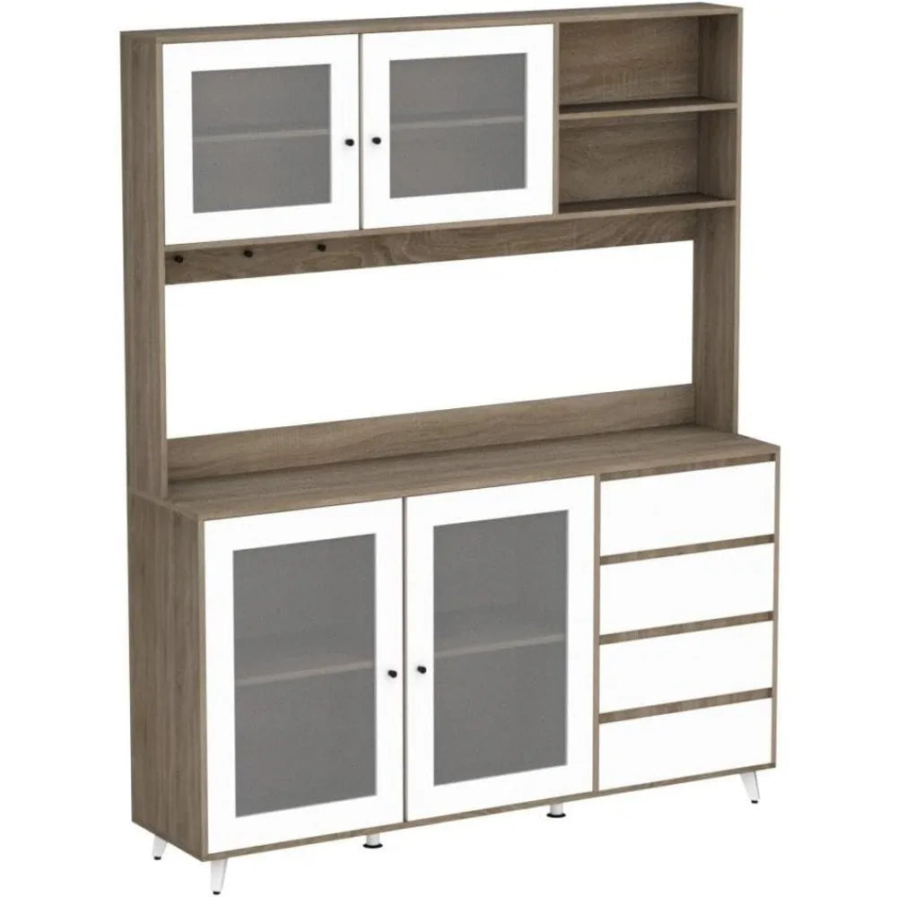 Elegant Kitchen Hutch Cabinet with Glass Doors and Drawers