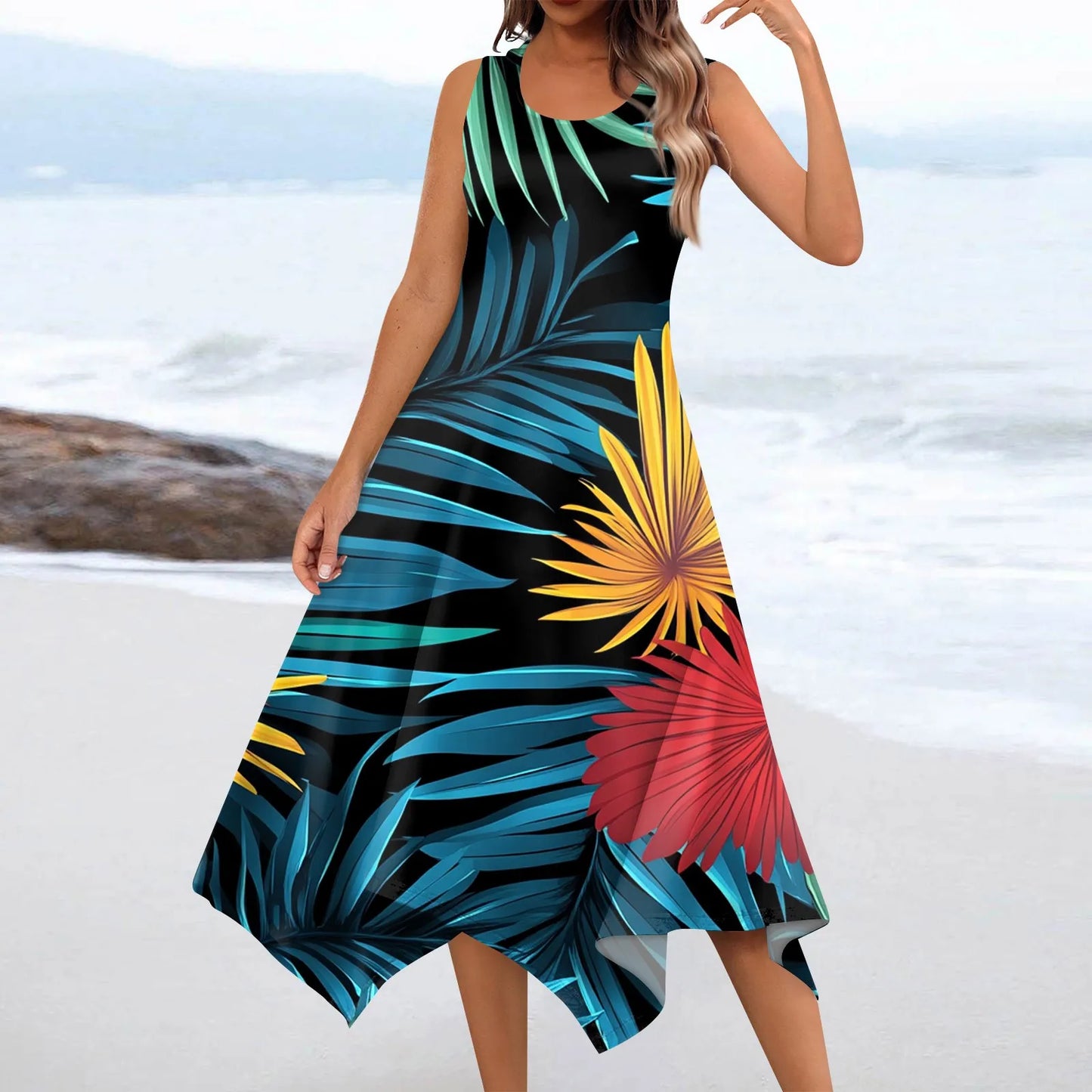 Floral Elegant Women's Casual Fashion Round Neck Sleeveless Print Irregular Hem Midi Dress Female Beach Vestidos Longos