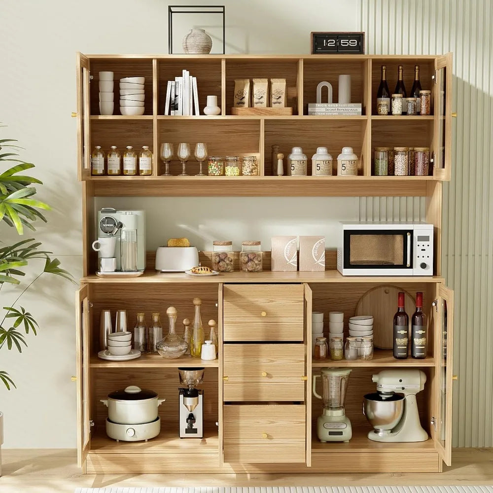 Elegant Kitchen Hutch Cabinet With Glass Doors and Drawers