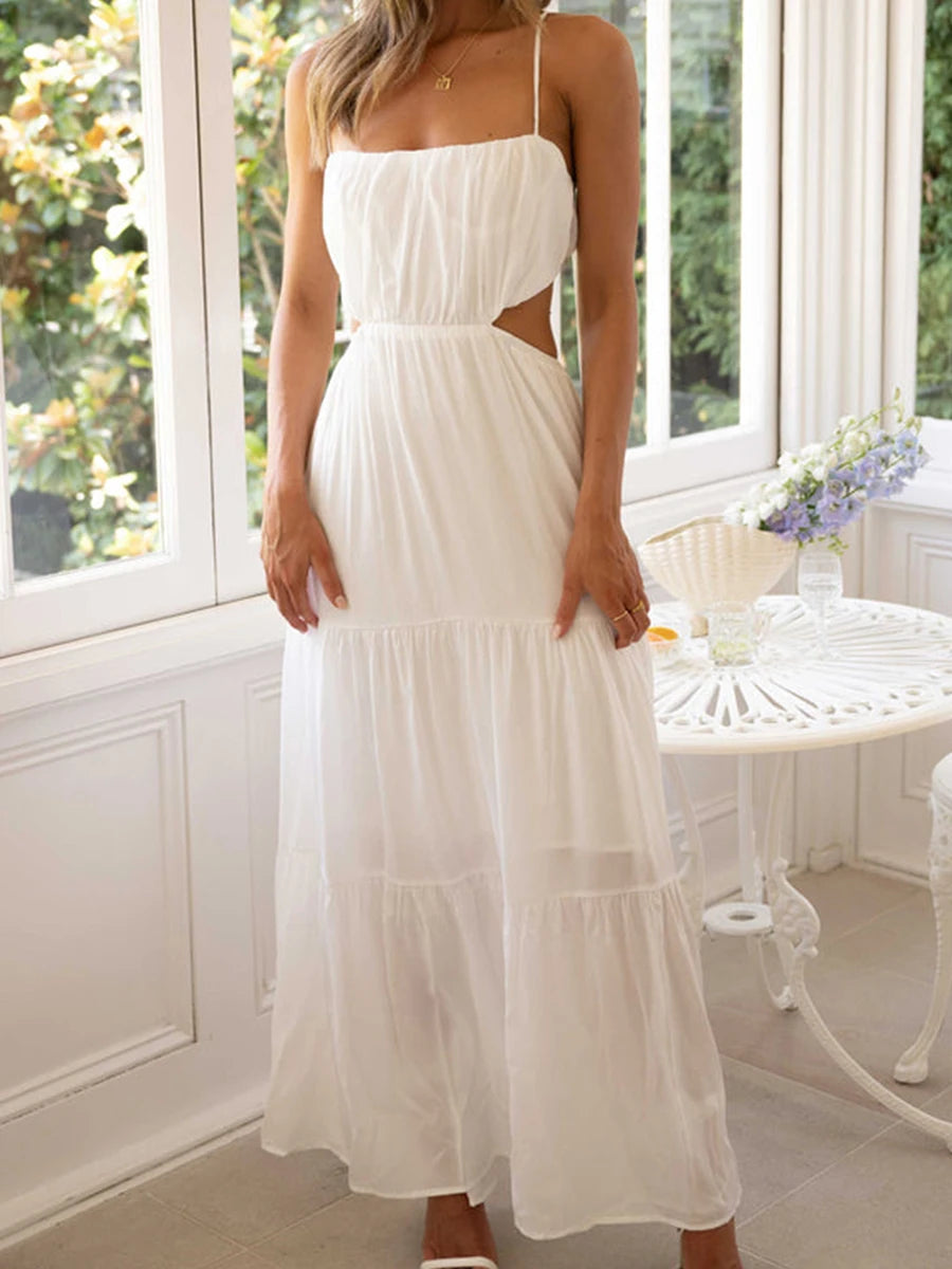 Elegant Sleeveless Maxi Dress with V-Neckline and Ruched Waist Detail for Women s Summer Fashion