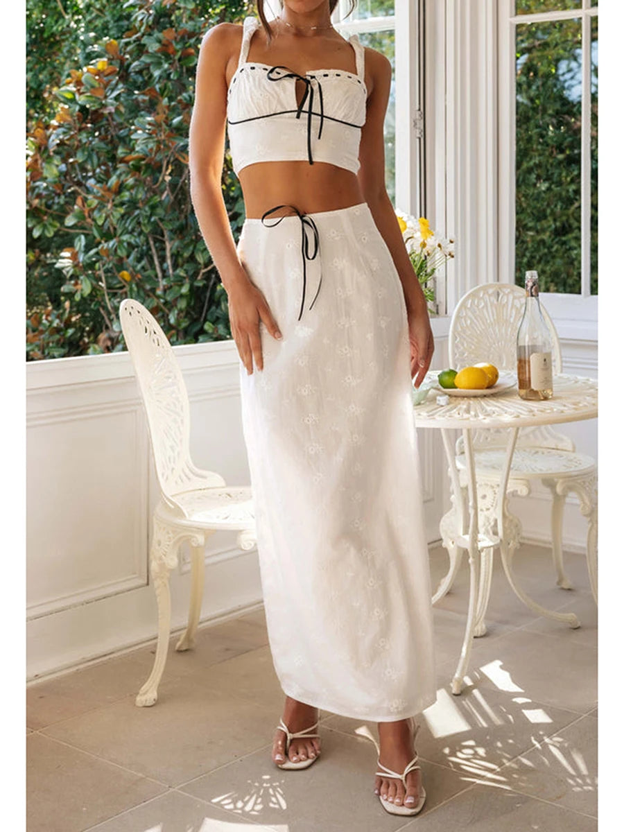 Women’s Summer  Set Embroidered Flower Sleeveless Cami Tops High Waist Black Bows Zipper Long Skirt 2 Pieces Set