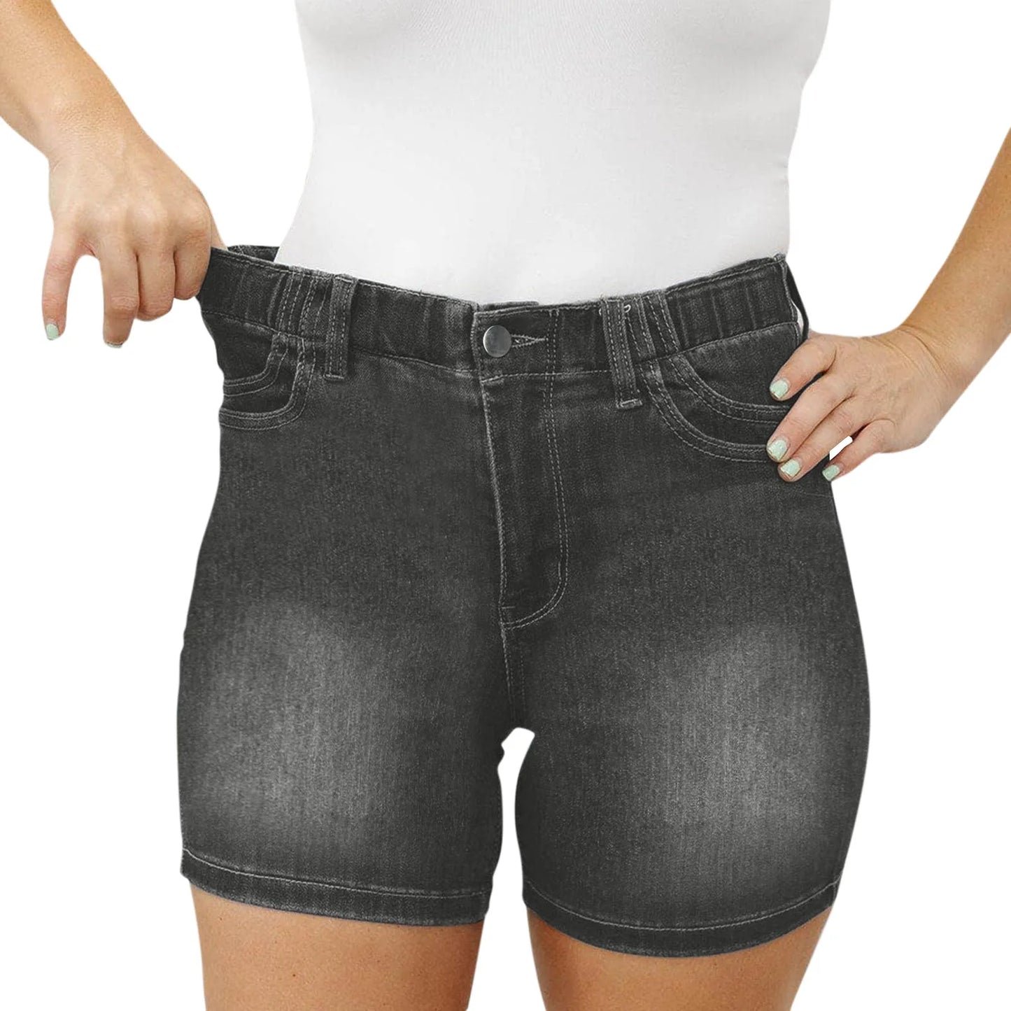 High Waist Casual Denim Shorts with Double Pockets for Women