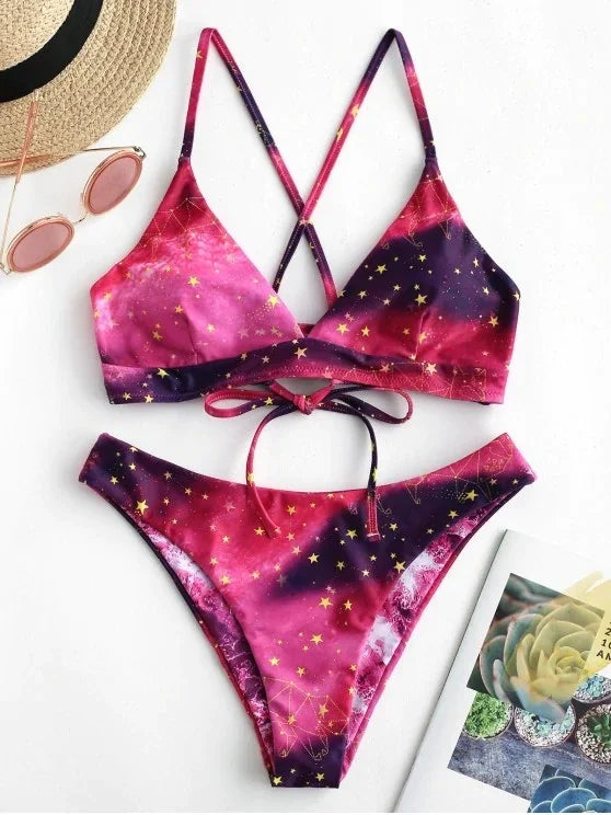 Starry Sky Print Reversible Bikini Set for Women